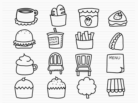 Set of hand-drawn doodle food icons. Vector illustration.のイラスト素材