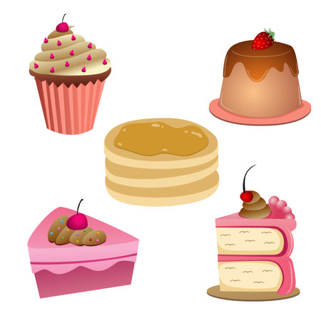 Set of different cakes on a white background. Vector illustration in cartoon style.