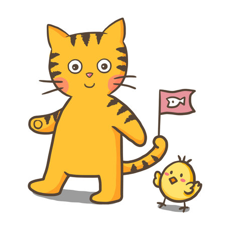 Cute cat with duck and chicken cartoon vector illustration. Cute kitten character.のイラスト素材