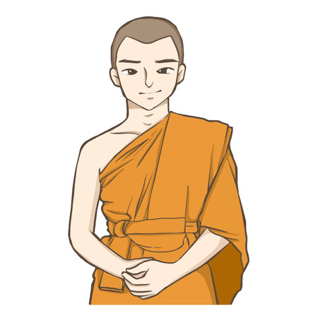 Buddhist monk in orange robe isolated on white background. Vector illustration.のイラスト素材
