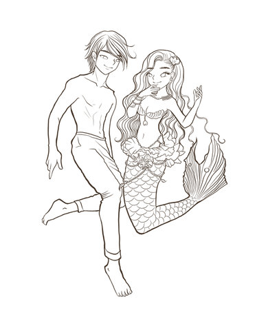 Sketch of a mermaid and a boy. Vector illustration.の写真素材