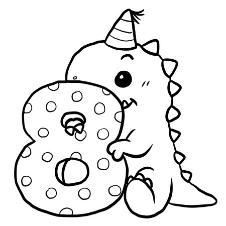 Black and White Cartoon Illustration of Cute Dinosaur with Number Eight for Coloring Bookのイラスト素材