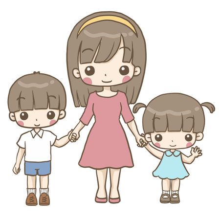 Mother and children holding hands. Vector illustration of mother and children.のイラスト素材