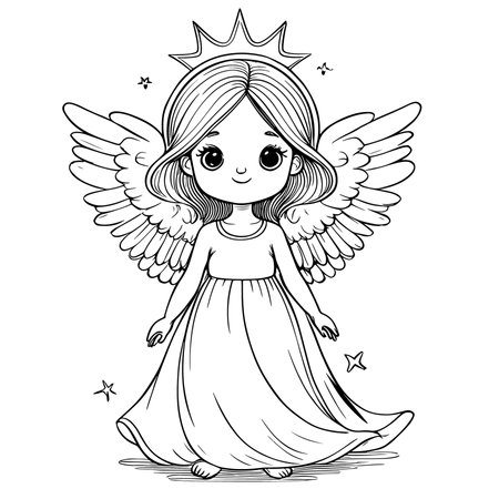 Cute little angel with crown. Vector illustration for coloring book.のイラスト素材