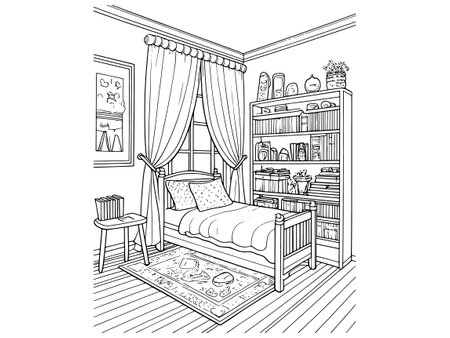 Bedroom interior graphic black white sketch illustration vector hand drawn line artのイラスト素材