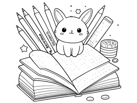 Coloring book for children. Black and white vector illustration of a cute cartoon cat with pencils.のイラスト素材