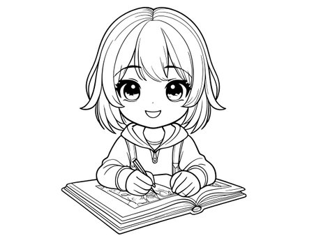Cute little girl with book. Vector illustration for coloring book.のイラスト素材