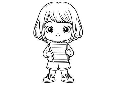 Illustration of a Cute Little Girl Holding a Paper Clipboardのイラスト素材