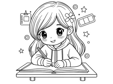 Cute little girl doing homework. Vector illustration for coloring book.のイラスト素材