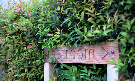 Wooden restroom sign in the gardenの写真素材