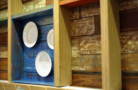 Three dish on blue wood shelfの写真素材