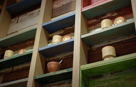 Sticky rice on colorful wood shelfの写真素材
