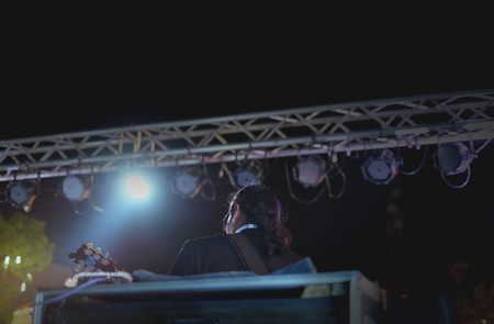 The back of the long-haired guitarist at the night party.の写真素材