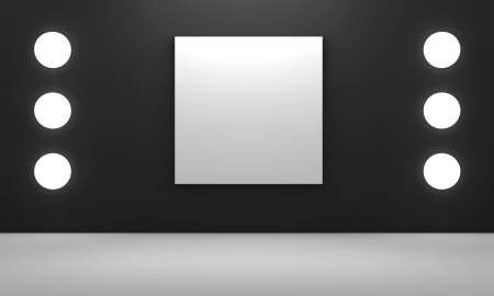 3D room with big canvas and lights. Black wallの写真素材