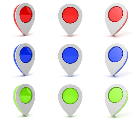 Set of 3D map pointers   markers in red, blue and green colors の写真素材