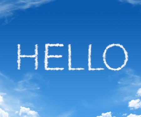 Clouds forming the word hello in the blue skyの写真素材