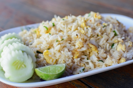 Thai Crab Fried Rice on wood tableの写真素材