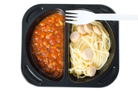 Chicken spaghetti with tomato sauce microwave readyの写真素材