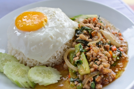 Basil Fried Chicken and fried egg, Thai foodの写真素材