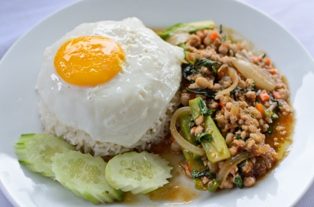 Basil Fried Chicken and fried egg, Thai foodの写真素材