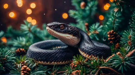 A striking black snake elegantly rests on a bed of pine branches, surrounded by twinkling golden lights. It embodies a sense of mystery and beauty in a serene holiday atmosphere.の素材