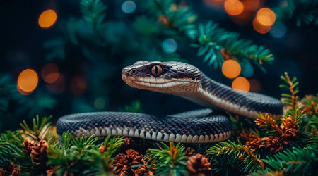 A beautiful serpent curls gracefully among lush green foliage, accented by twinkling lights that add a magical touch to the serene atmosphere.の素材