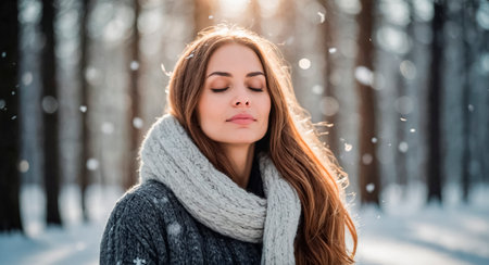 A woman stands peacefully in a snowy forest, eyes closed, embracing the tranquil atmosphere as snowflakes gently fall around her.の素材