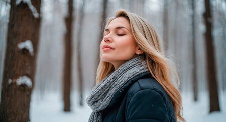 A young woman stands amid towering snow-dusted trees, eyes closed, absorbing the tranquil atmosphere of a wintry forest, wrapped warmly in a cozy scarf, exuding peace and contentment.の素材