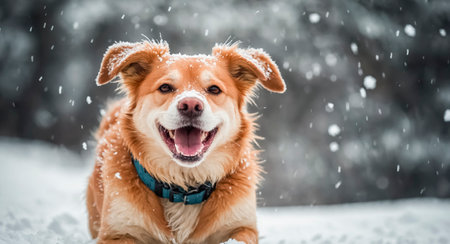 A joyful dog bounds through soft, white snowflakes, showcasing its playful spirit and fluffy fur. The serene winter landscape creates a perfect backdrop for this cheerful moment.の素材