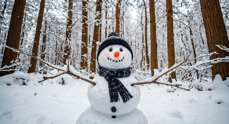 A cheerful snowman stands proudly in the heart of a snowy forest, surrounded by towering trees. Its playful eyes sparkle, and it wears a cozy scarf and hat, embodying the joy of winter.の素材