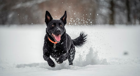 A playful black dog runs energetically through deep snow, droplets flying around as it leaps with excitement. The serene winter background adds to the joyous atmosphere of the moment.の素材