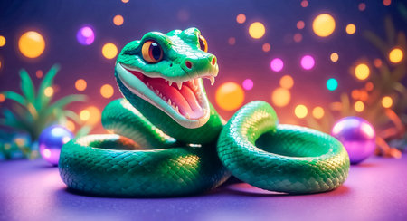 A vibrant green snake animatedly coils around shiny orbs, basking in a kaleidoscope of colors.の素材