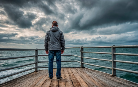 A solitary figure stands at the edge of a wooden pier, gazing out over tumultuous waves as dark clouds gather above. The atmosphere is contemplative and serene, inviting introspection.の素材