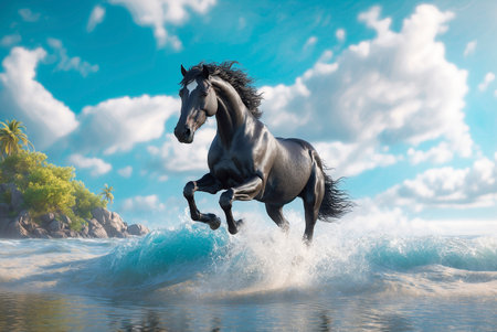 A powerful black horse joyfully jumps through the surf of a clear blue ocean. Lush greenery and palm trees frame the vibrant scene, showcasing a picturesque tropical paradise in the background.の素材