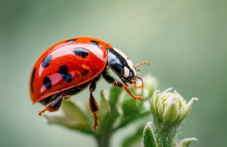 A vibrant ladybug with striking red and black markings rests on a green plant. The soft bokeh creates a serene atmosphere, emphasizing the insect's delicate features and nature's beauty.の素材