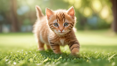 A playful tabby kitten walks through lush green grass,its fur glistening in the warm sunlight.The surroundings are calm, highlighting the kitten's curiosity and vibrant personalityの素材