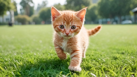 Fluffy orange kitten walks playfully through a vibrant park, surrounded by lush green grass and trees, enjoying a sunny day and the outdoors.の素材