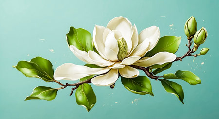 A stunning magnolia flower displays its creamy petals alongside rich green leaves, set against a soothing teal backdrop, adding a touch of elegance and tranquility.の素材