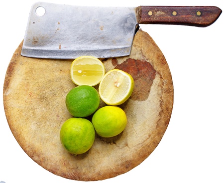 lemons cut on wooden butcherの写真素材