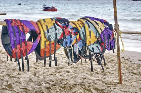 vest life for rent at the beachの写真素材