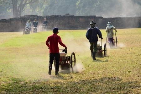 cutting grass in field