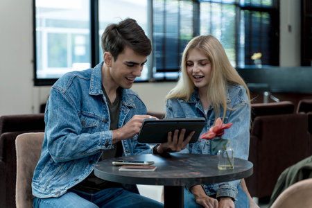 Happy young couple using digital tablet together at modern lounge table, sharing content and enjoying quality time in a bright casual indoor settingの写真素材