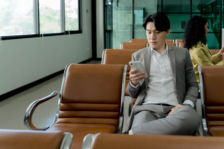 Businessman sitting in airport lounge checking smartphone while waiting for flight, relaxed and focused with business attire and modern surroundingsの写真素材