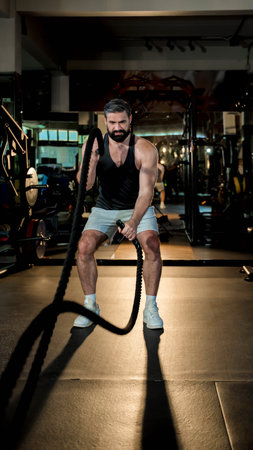 Strong athletic man performing intense battle rope exercise at gym, focusing on power, endurance,...