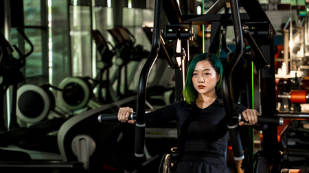Focused young woman with green hair using chest press machine in gym, strength training for upper...