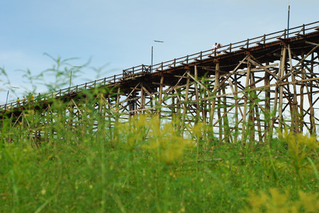 Landscape of wooden Mon bridge at Sangkhlaburi Kanchanaburi, Thailand.