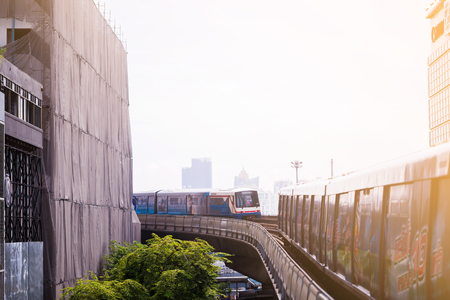 Bangkok Thailand : September 15, 2018 : Two skytrain or BTS go to Saladaeng station, Silom road that is business center in bangkok.のeditorial素材