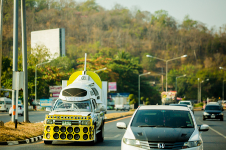 Nakhon Sawan, Thailand : February 19, 2019 :  Powerful amplifiers and loudspeaker on yellow pickups for advertising in Nakhon Sawan, Thailand.のeditorial素材