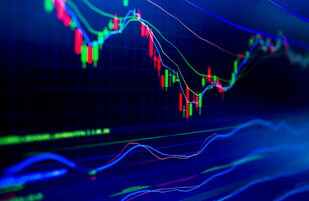 Selective focus of Business graph charts of financial instruments with various type of indicators combine with gold and account book and money. Concept investment. Moving average graphの写真素材