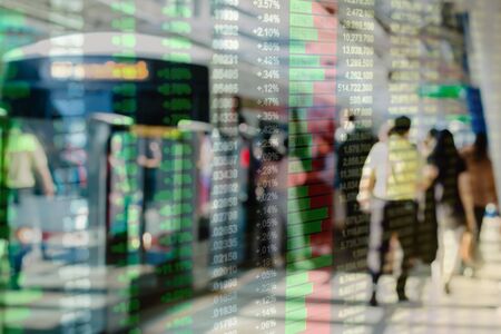 Double exposure of business sketch concept. consumer graph with many people walking background. the concept of product analysis with consumers.の写真素材